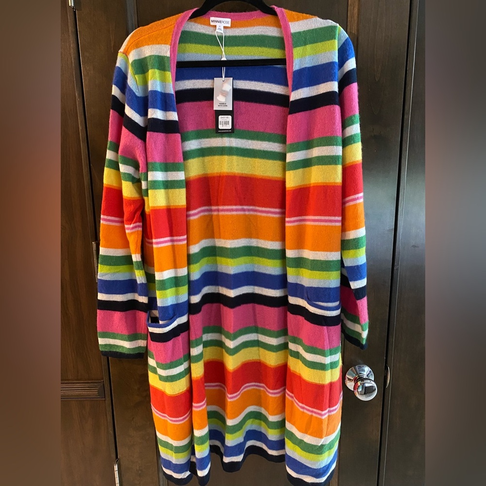 Minnie Rose Multicolored Striped Cashmere Cardigan Sweater NWT Large - Picture 2 of 6